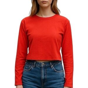 Wild Fable‎ T-Shirt Womens XS Red Long-Sleeve Cropped Solid Crop Top 100% Cotton